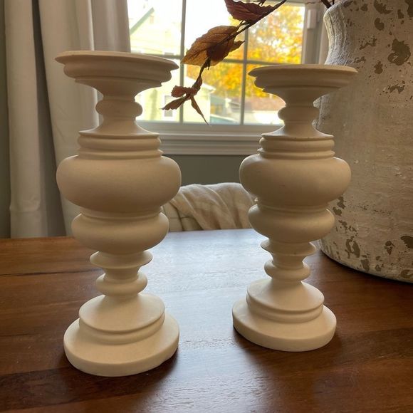 Set of Two White Pillar Candle Holders - Picture 4 of 14